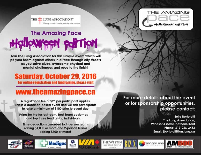 The Amazing Pace Halloween Edition, a fundraiser to support the work of The Lung Association, takes place on Saturday October 29. Modeled after the original Amazing Race television show, Windsor organizers are creating a Pace that will offer some ghoulish and creepy challenges that will keep everyone on the edge of their seats!